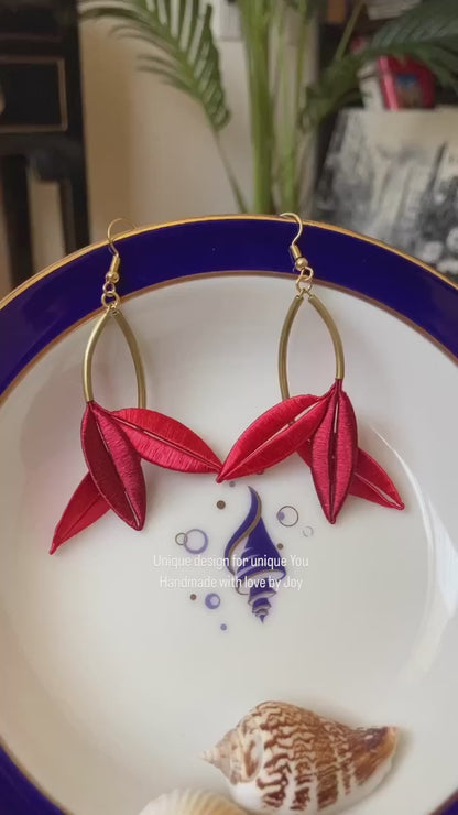 Lourdes•Unique Design Statement Handmade Silky Thread Red Floral Earrings