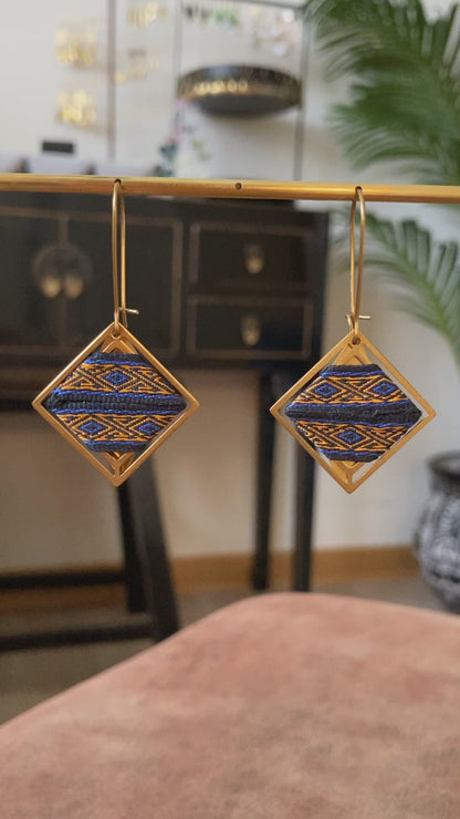 Aztec-Golden Geometric Diamond Dangling Earrings