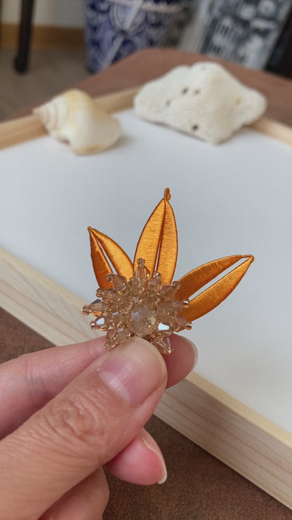 Statement Elegant Hand-wrapped Shiny Silky Orange Thread Leaf Floral Earrings