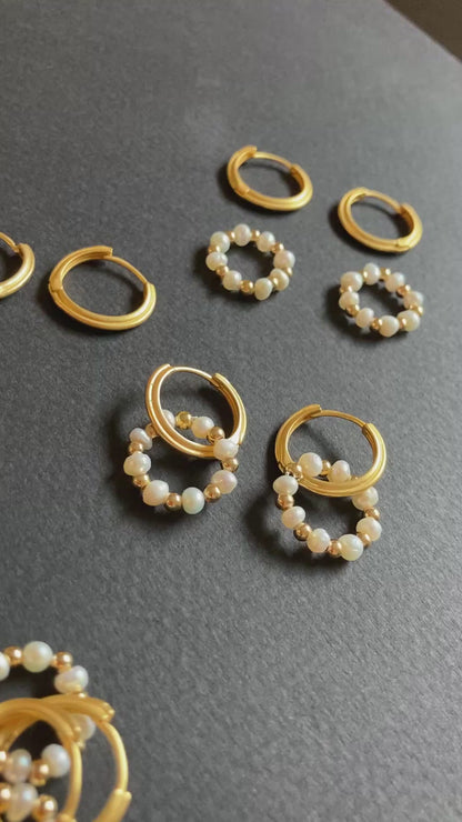 Matte Gold Textured Huggies Earrings w/Freshwater Pearl Wreath
