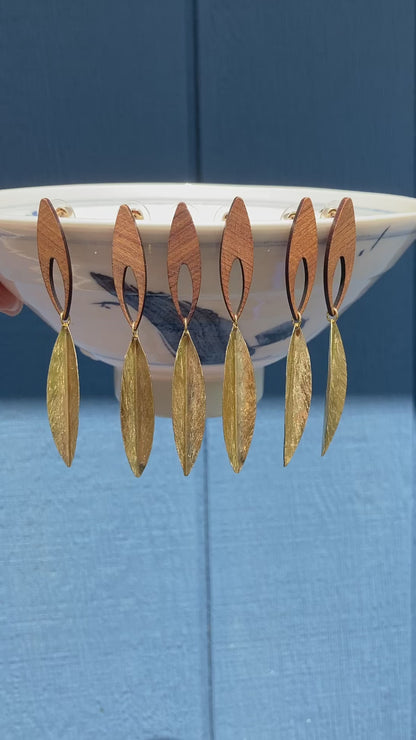 Julie•Discovery-Golden Hand Brushed & Hammered Brass Leaf Wood Stud Earrings