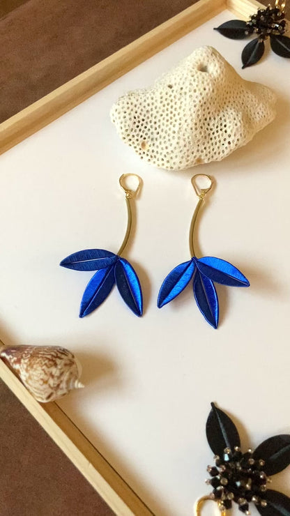 Unique Design Hand-wrapped Royal Blue Silky Thread Tree Leaf Floral Earrings