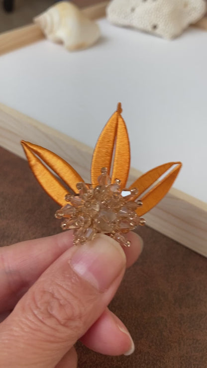 Statement Elegant Hand-wrapped Shiny Silky Orange Thread Leaf Floral Earrings