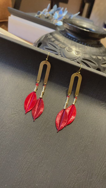 Kisses• Handmade Red Silky Thread Tree Leaf Earrings – Shiny Statement Artisan Jewelry