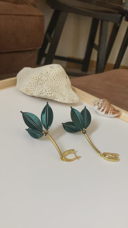 Statement Unique Design Hand-wrapped Shiny Dark Green Silky Thread Floral Earrings