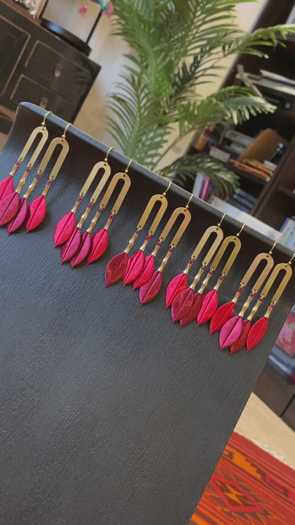 Kisses• Handmade Red Silky Thread Tree Leaf Earrings – Shiny Statement Artisan Jewelry