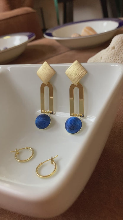 Golden Geographic Design Silk Earring Studs-Royal Blue