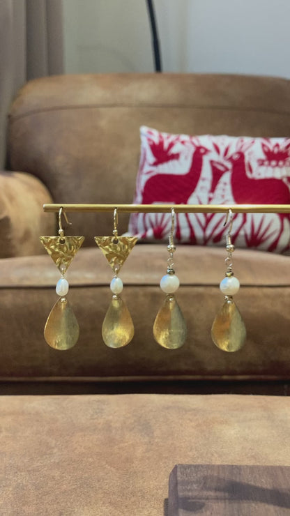 Contemporary Geometric Design Freshwater Pearl Golden Stud Earrings