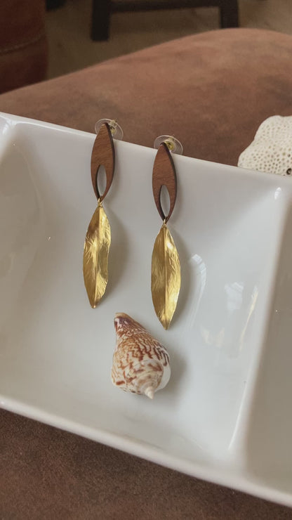 Discovery - Golden Hand Hammered Brass Leaf Wood Stud Earrings