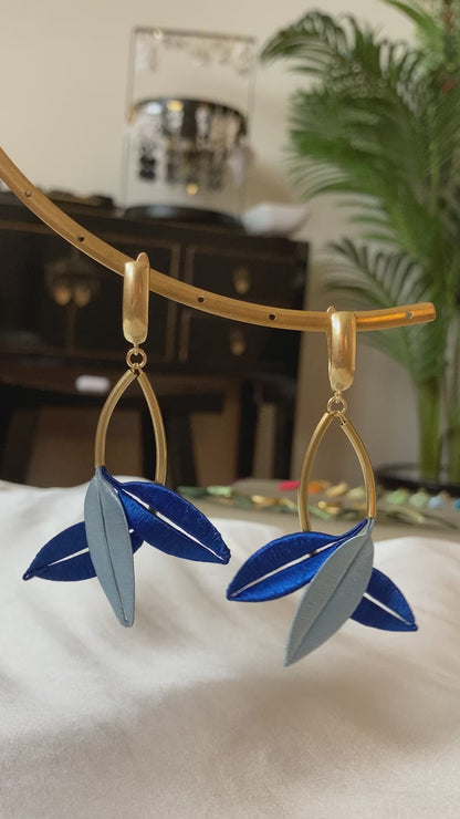 Jenny•Unique Design Statement Hand-wrapped Silky Thread Blue Floral Earrings