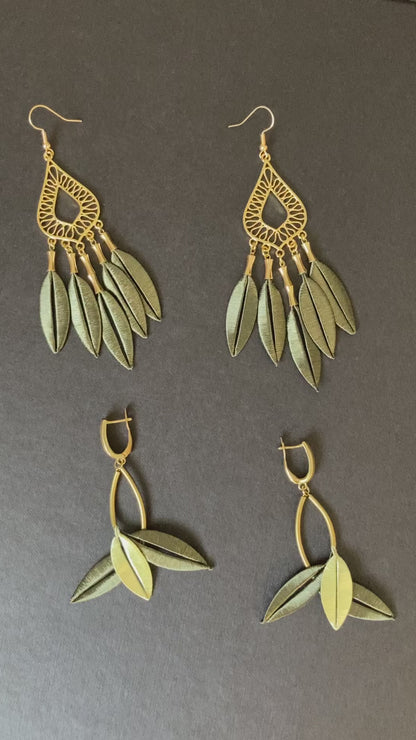 Gorgeous Shiny Hand-wrapped Shiny Seaweed Green Silky Thread Tree Leaf Earrings