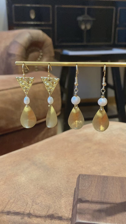 Contemporary Geometric Design Freshwater Pearl Golden Stud Earrings