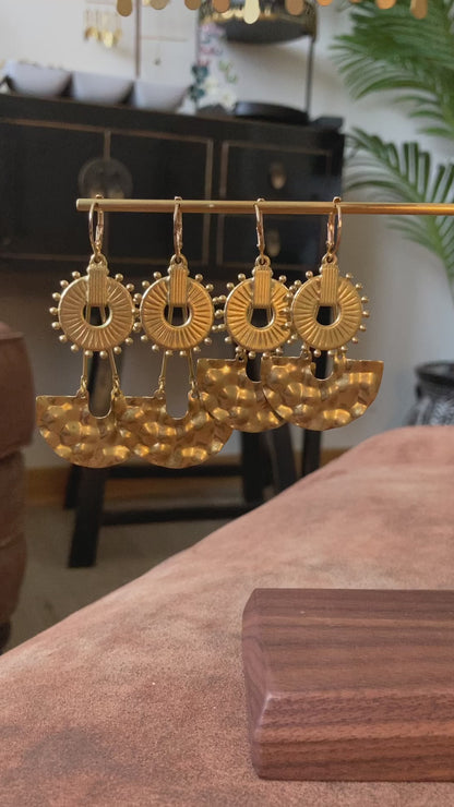 Discovery - Geometric Design Multi-Style Golden Hammered Brass Earrings