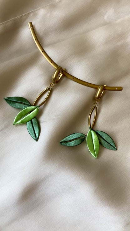 Unique Design Elegant Hand-wrapped Shiny Green Silky Thread Floral Earrings